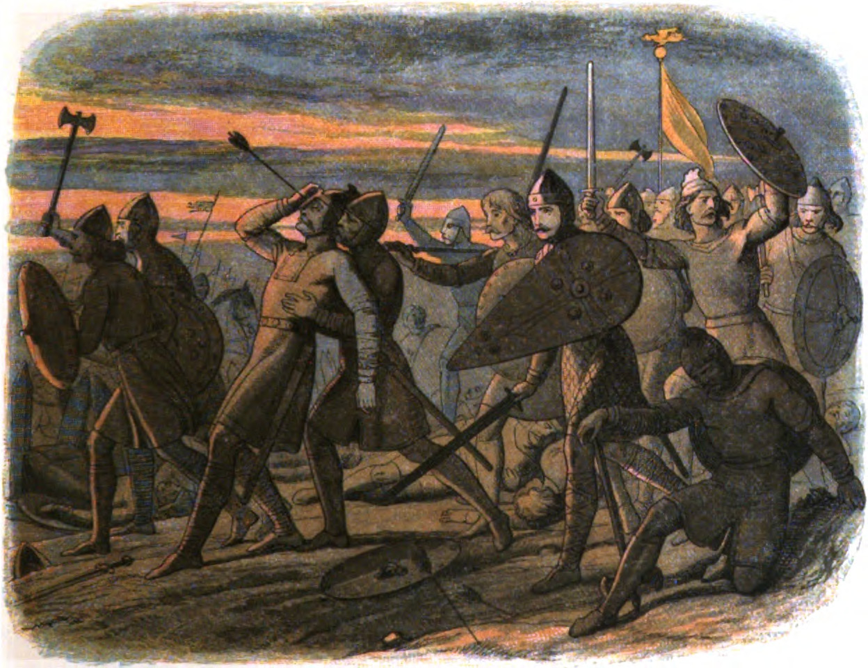 La mort de Harold Godwinson à la bataille d'Hastings (d'après A Chronicle of England, Public Domain via Wikimedia Commons)