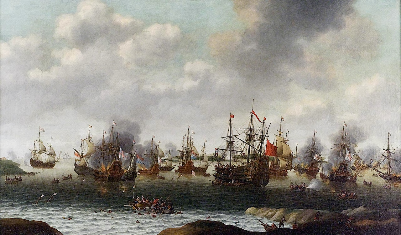 L'attaque hollandaise du Medway en Juin 1667. Peinture de Van Soest (Domaine public via Wikimedia Commons)