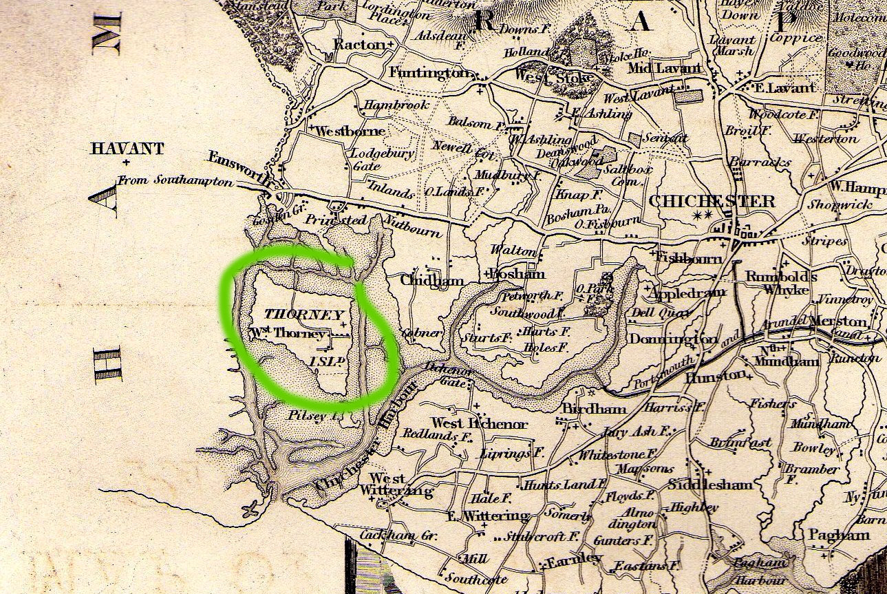 Carte des environs de Chichester en 1835 montrant l'île de Thorney séparée de l'Angleterre