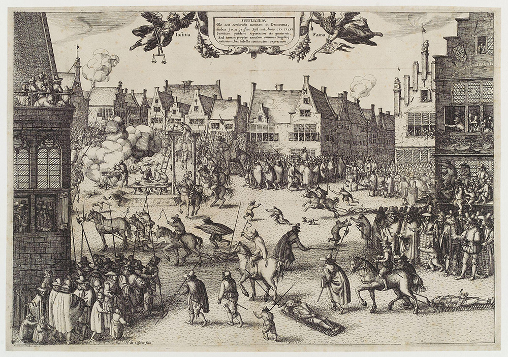 Engraving of conspirators of the Gunpowder Plot being hanged, drawn and quartered in London Conspiration des Poudres