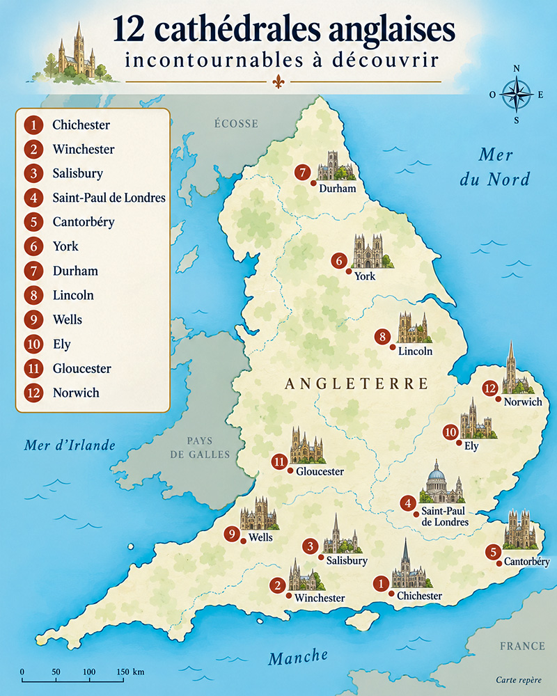 Carte des 12 cathédrales anglaises à visiter